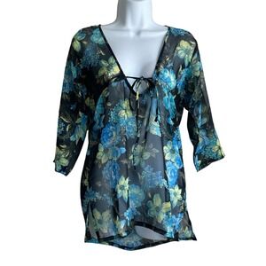 Women Tie Front Tunic Coverup Top S Blue Floral Sheer‎ Beachy Tropical Boho